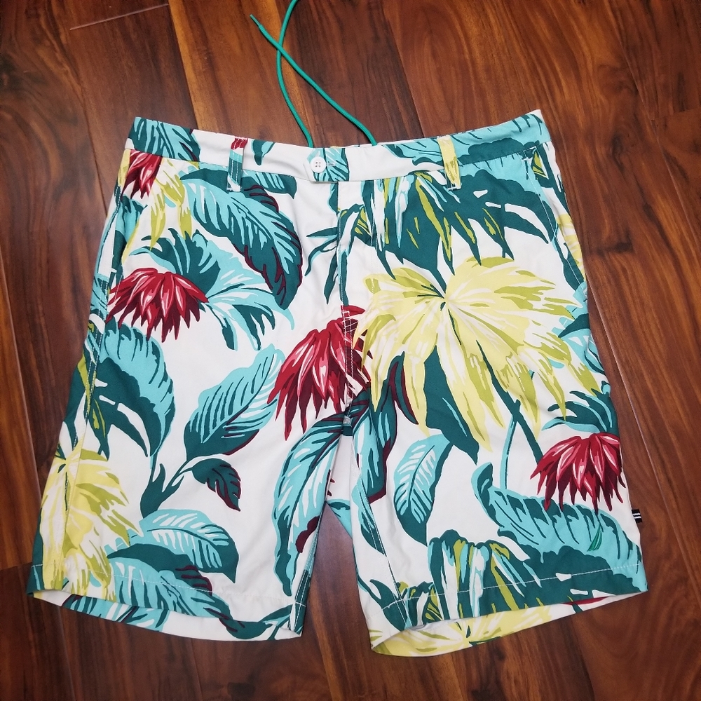 Nautica Men's Red Yellow Floral Hawaiian Board Shorts Size 36W